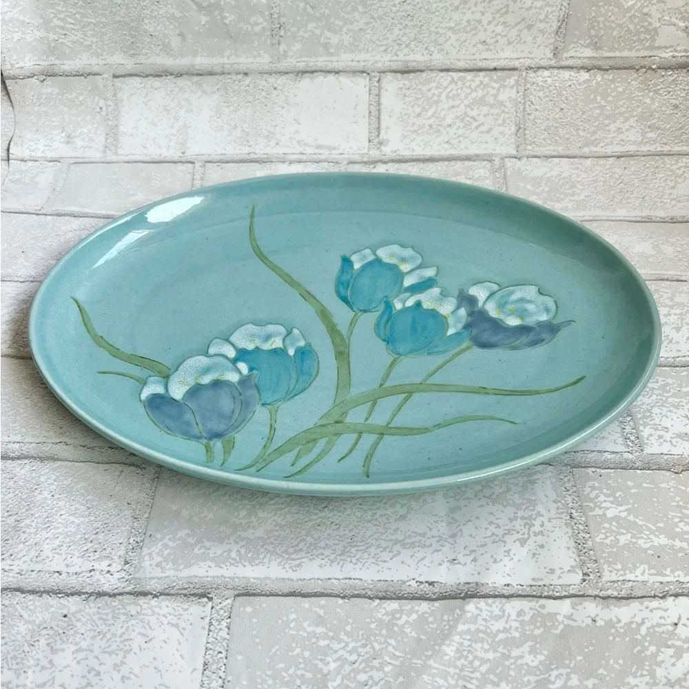 VTG Metlox Vernon Ware Tulip Time Oval Platter MCM Blue Turquoise 13